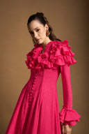 Fuchsia High collar ruffle-detail shirt dress 94855