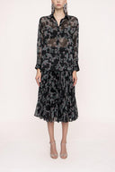 Black Background Floral Printed Suit with pleated skirt 12268