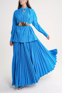 Blue 3 piece suit with pleated skirt with elastic waist, loose-fitting blouse and belt 12304