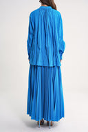 Blue 3 piece suit with pleated skirt with elastic waist, loose-fitting blouse and belt 12304