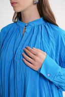 Blue 3 piece suit with pleated skirt with elastic waist, loose-fitting blouse and belt 12304