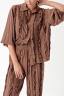 Brown Frilly detailed trousers and shirt suit 12312