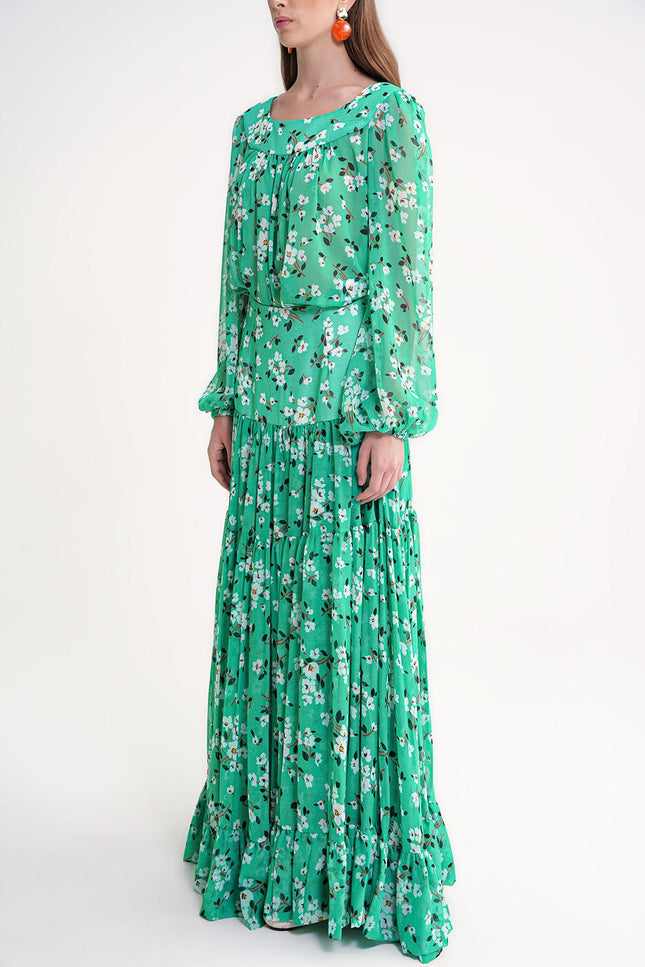 Green Loose-fit blouse and long gathered skirt two-piece suit 12345