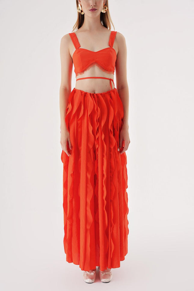 Pink A midi-length skirt with wavy, three-dimensional vertical cuts and a drawstring waist suit 12350