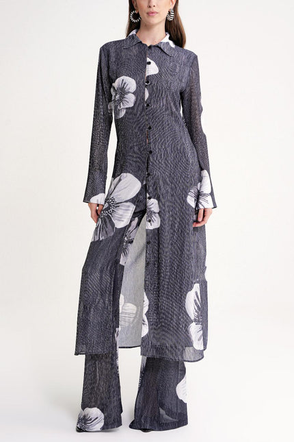 Black Pleated long shirt and trouser suit with elastic waist 12356