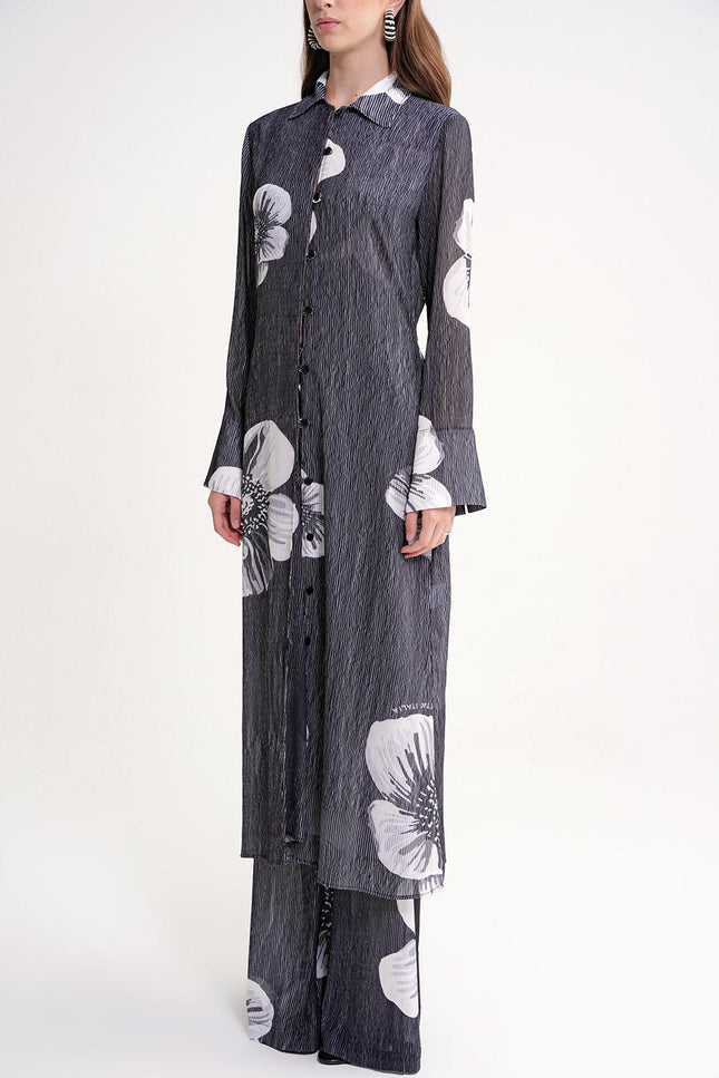 Black Pleated long shirt and trouser suit with elastic waist 12356