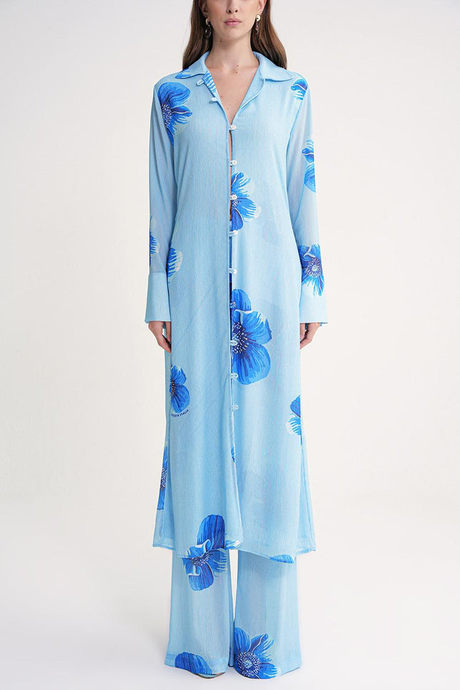 Blue Pleated long shirt and trouser suit with elastic waist 12356