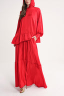 Red Pleat ve hood detailed blouse and elastic waist skirt double set 12364