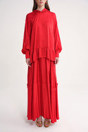 Red Pleat ve hood detailed blouse and elastic waist skirt double set 12364