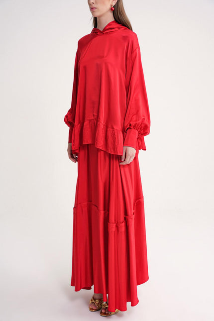 Red Pleat ve hood detailed blouse and elastic waist skirt double set 12364