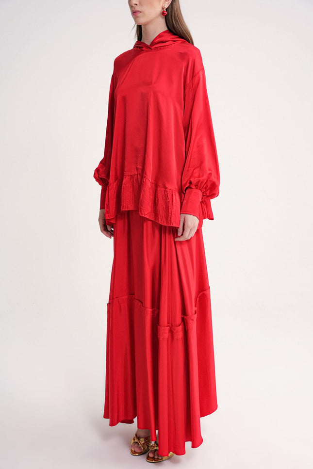 Red Pleat ve hood detailed blouse and elastic waist skirt double set 12364