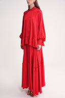 Red Pleat ve hood detailed blouse and elastic waist skirt double set 12364