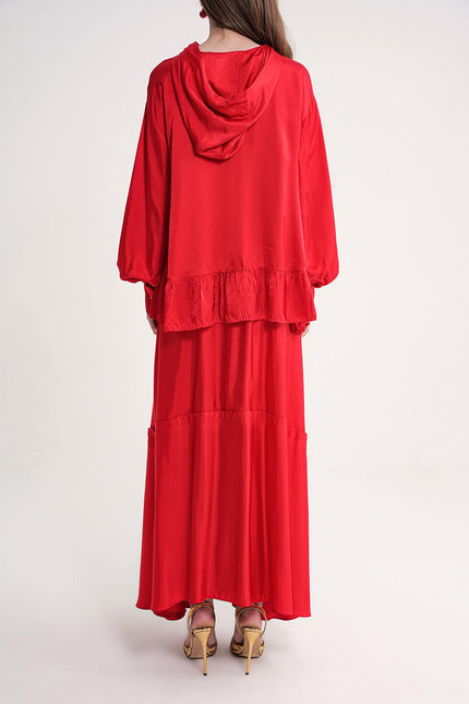 Red Pleat ve hood detailed blouse and elastic waist skirt double set 12364