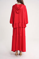 Red Pleat ve hood detailed blouse and elastic waist skirt double set 12364