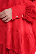 Red Pleat ve hood detailed blouse and elastic waist skirt double set 12364