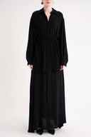 Black Loose-fitting shirt and elastic-detailed skirt suit 12382