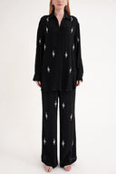 Black Crystal stone embellished loose-fit shirt and elasticated waist trousers two-piece suit 12386