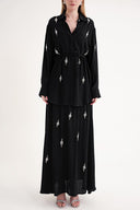 Black Crystal stone embellished loose-fit shirt and elasticated waist skirt two-piece suit 12388