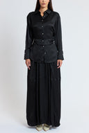Black Two-piece set featuring a balloon skirt and a long shirt with tie details 12399