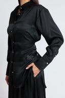 Black Two-piece set featuring a balloon skirt and a long shirt with tie details 12399