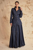 Navy Blue Two-piece set featuring a balloon skirt and a long shirt with tie details 12399