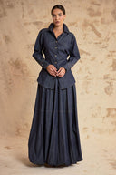 Navy Blue Two-piece set featuring a balloon skirt and a long shirt with tie details 12399