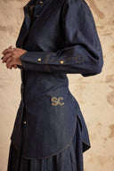 Navy Blue Two-piece set featuring a balloon skirt and a long shirt with tie details 12399