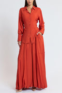 Orange Two-piece set featuring a balloon skirt and a long shirt with tie details 12399