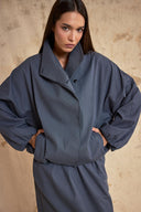 Gray High-neck, loose-fit bomber jacket and skirt set 12413