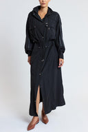Black Wide-cut Trench Coat with zipper and snap fastener 20401