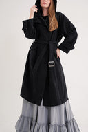 Black Trench coat with zip and hood, belted, 20408
