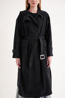 Black Trench coat with zip and hood, belted, 20408