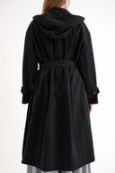 Black Trench coat with zip and hood, belted, 20408