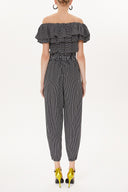 Black White Striped Ruffled Top Elastic Waist Jumpsuit 10108