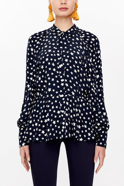 Black Tie-neck balloon sleeve shirt 10748