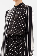 Black Striped fabric combined button midi dress 92805