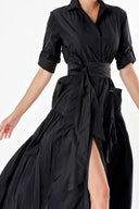 Black Pocket And Elastic Shirt Dress 92958