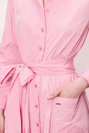 Pink Pocket And Elastic Shirt Dress 92958