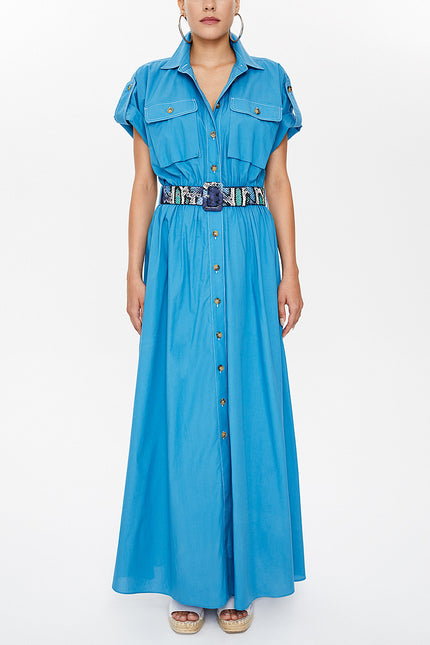 Blue Pocket elastic waist maxi dress 93098