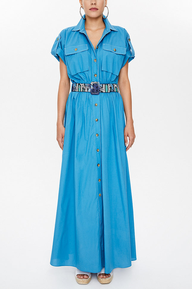Blue Pocket elastic waist maxi dress 93098