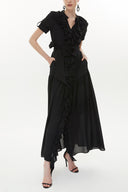Black Ruffled elastic waist maxi dress 93262
