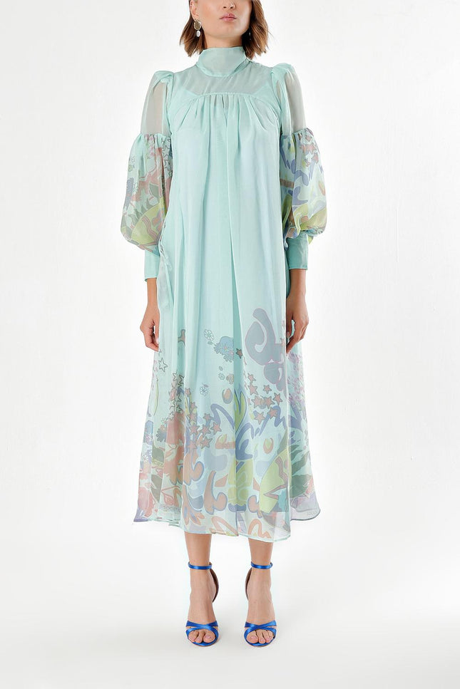 Mint Yakası bağlamalı organze elbise 93795