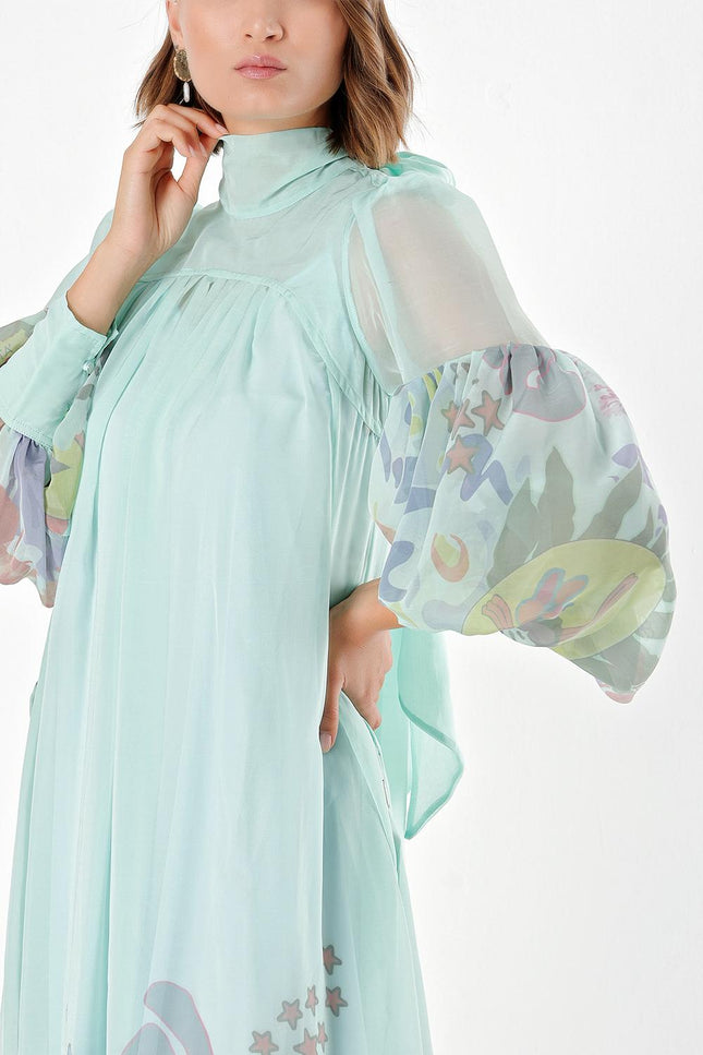 Mint Yakası bağlamalı organze elbise 93795