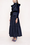 Navy Blue Velvet detailed pleated double suit 12275