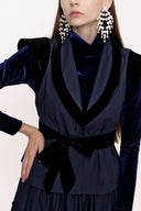 Navy Blue Velvet detailed pleated double suit 12275