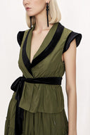 Olive Velvet detailed pleated double suit 12275