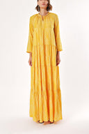 Acid Yellow Long dress with ruffled neckline 93454