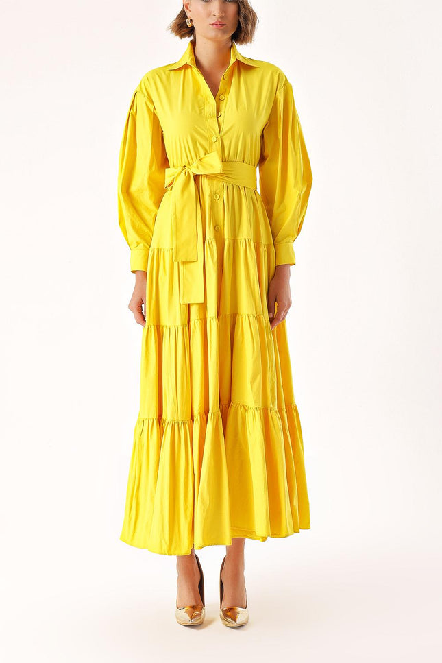 Yellow Long pleated dress with belt 94332