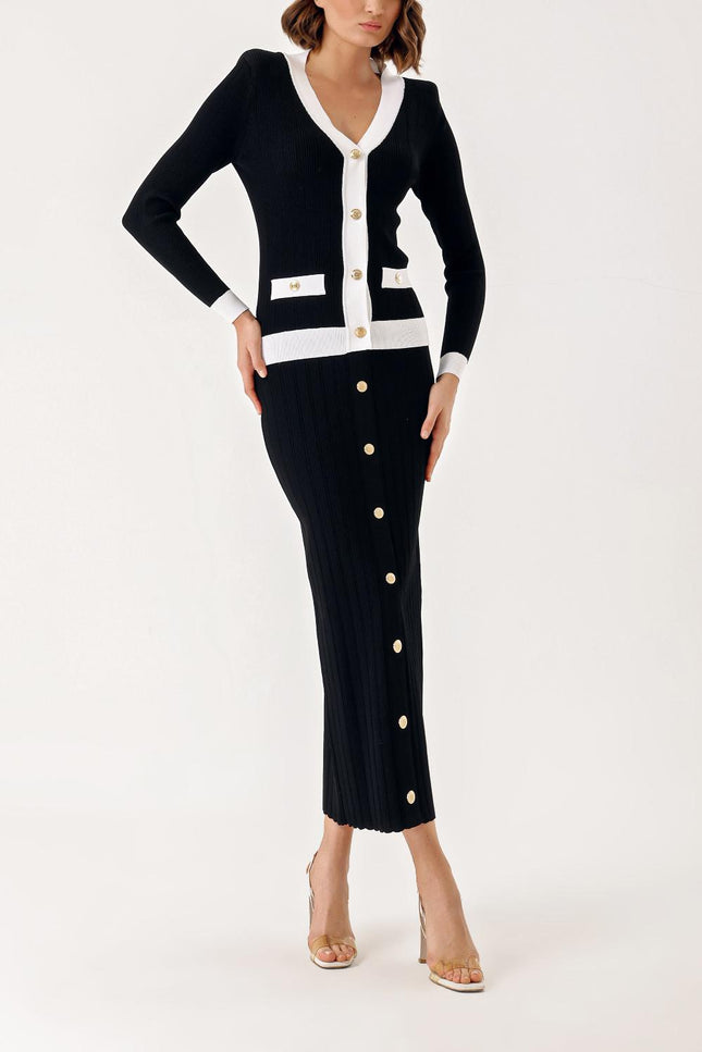 Black White Button detailed cardigan and skirt suit 28850