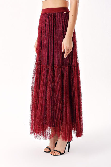 Burgundy Elastic waist pleated long tulle skirt 81235